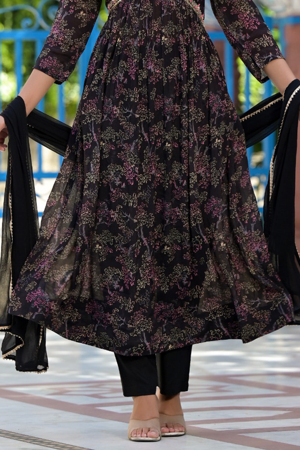 Black Chinone Crepe Floral Printed and Neck-Embroidered Anarkali Suit