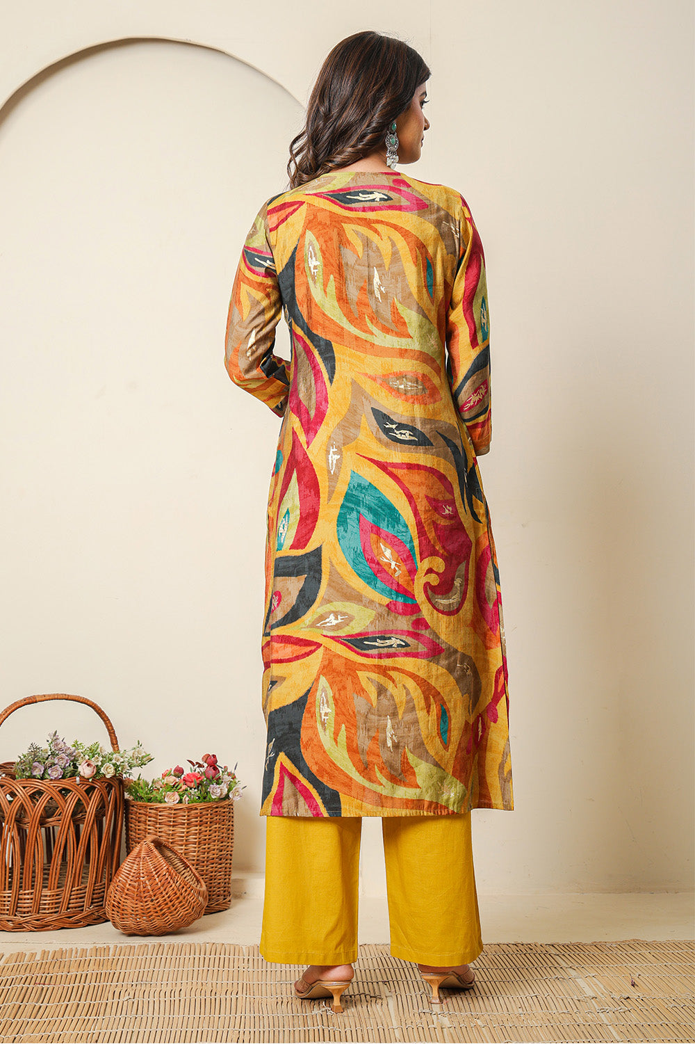Mustard Abstract Printed Muslin Long Kurta