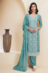 Teal Crepe Silk Embroidered Unstitched Suit