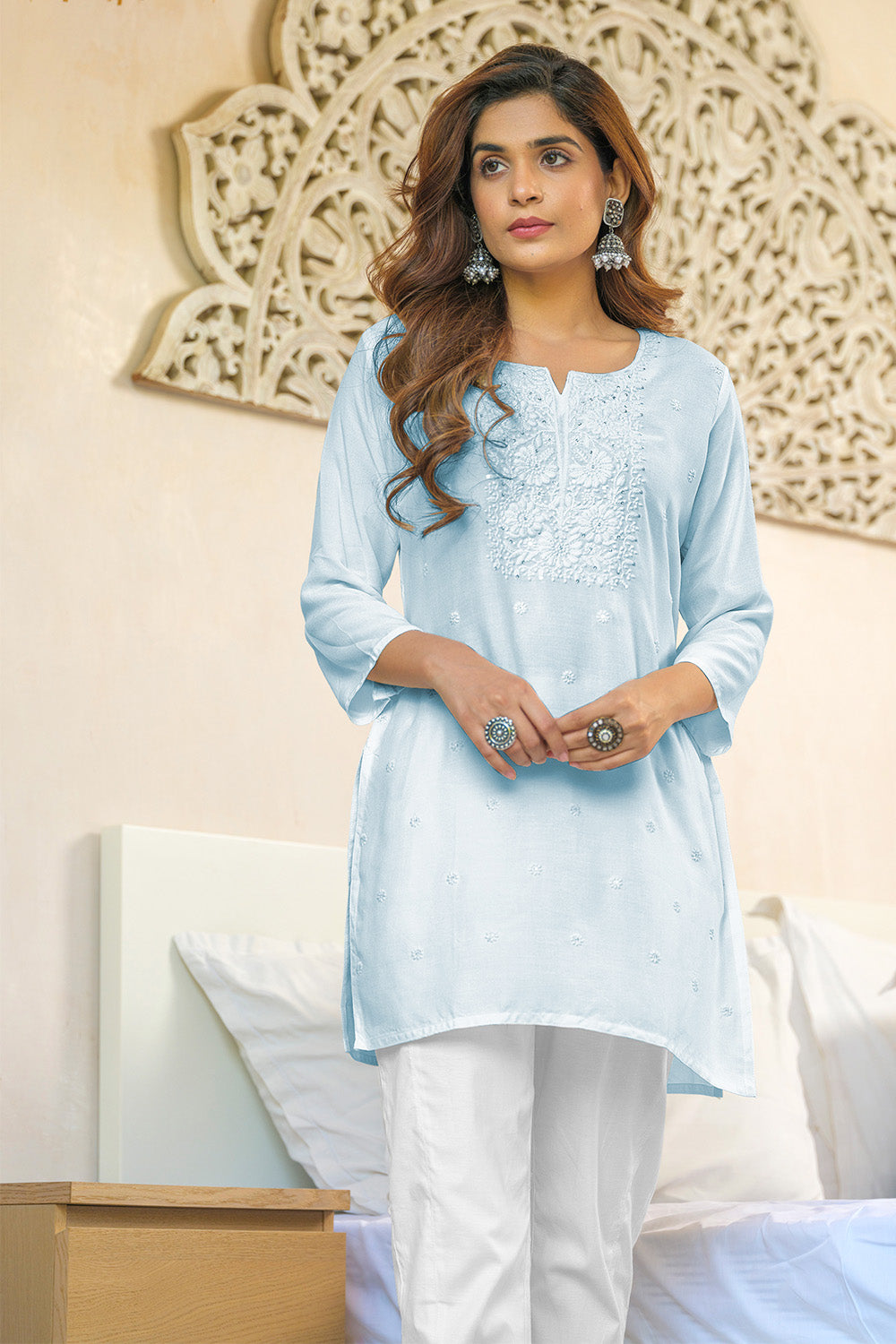 Light Blue Cotton Resham Embroidered Kurti