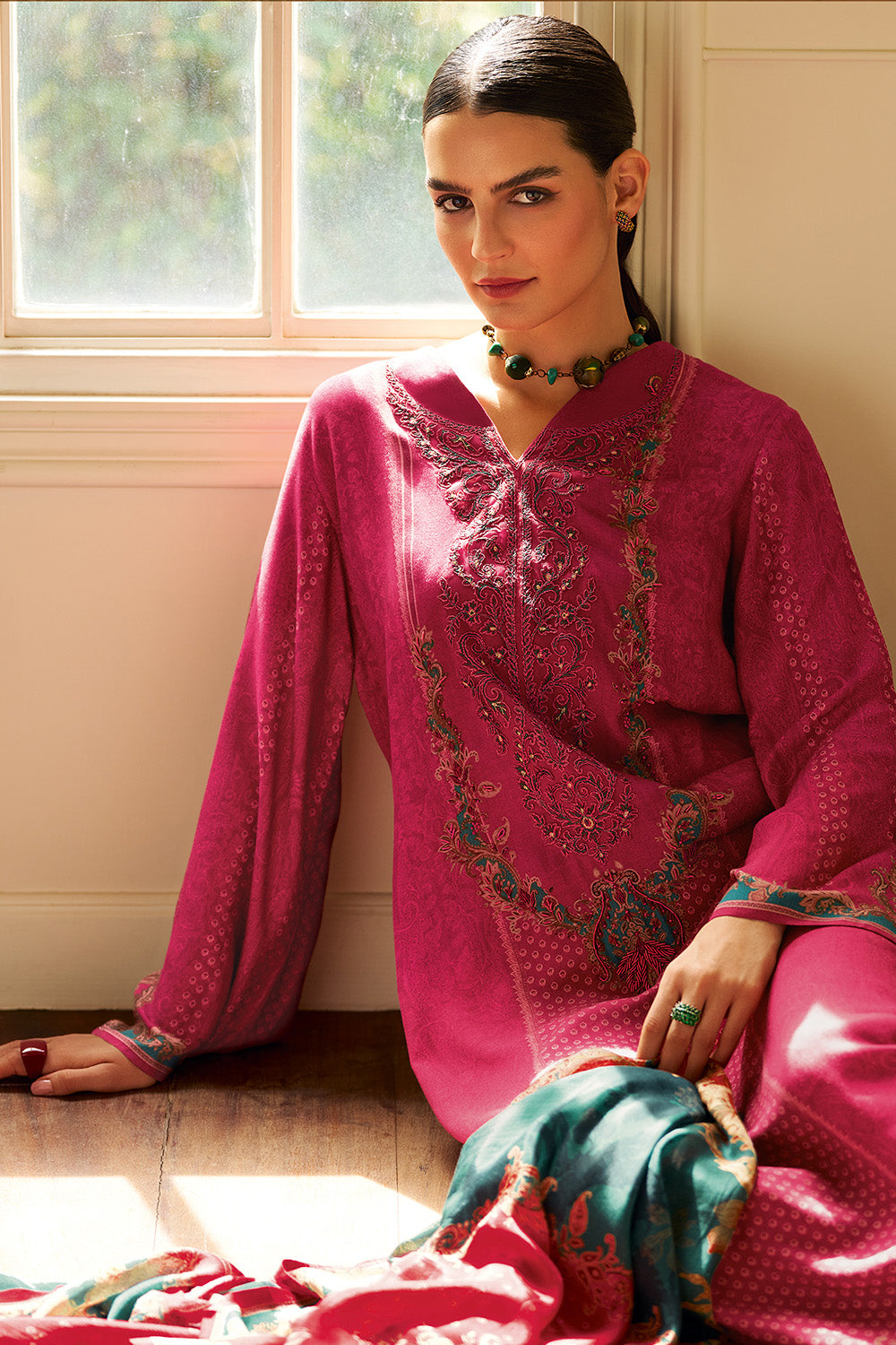 Light Burgundy Spun Printed and Embroidered Unstitched Suit Material