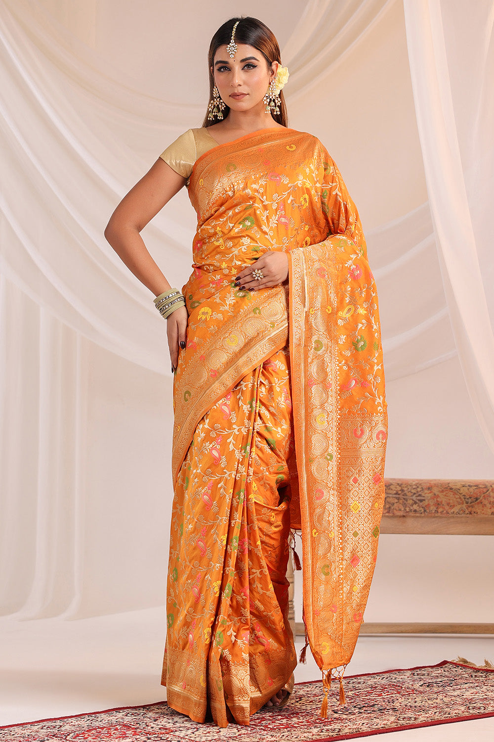 Mustard Resham & Zari Floral Woven Silk Saree