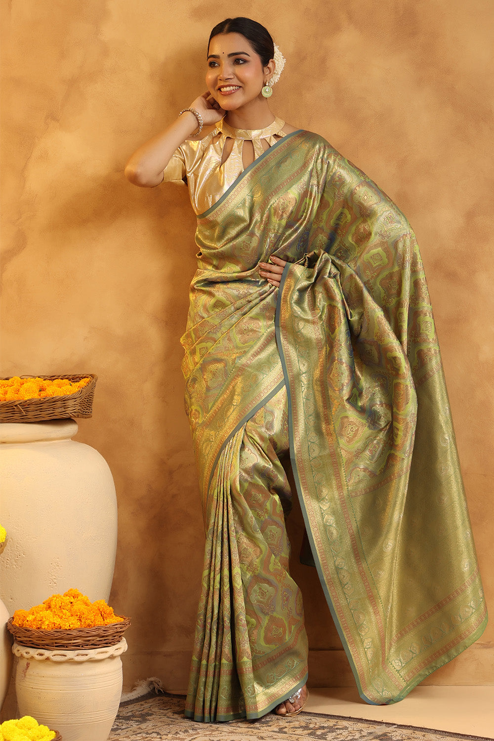 Sage Green Woven Silk Saree