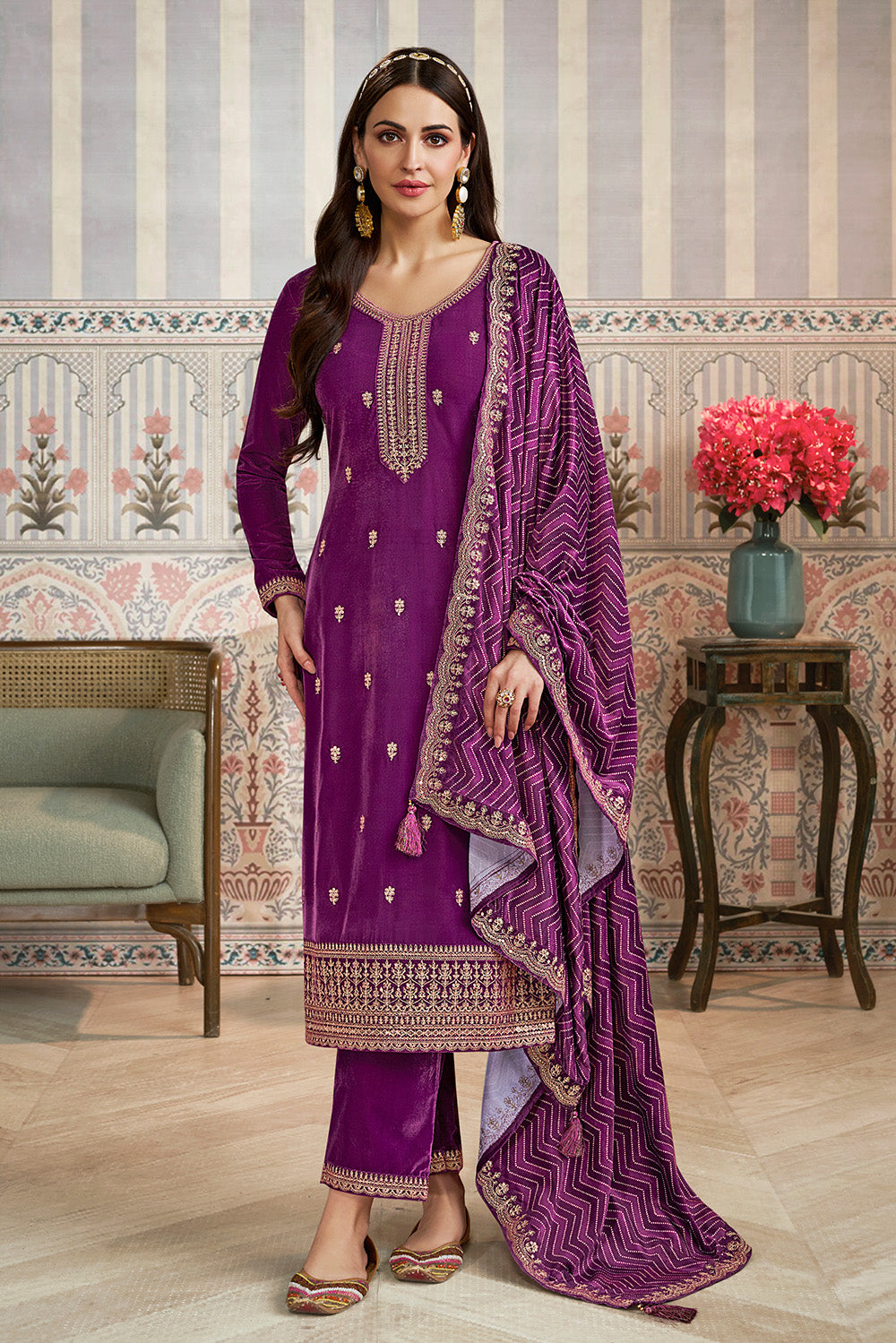 Purple Velvet Sequins and Zari Embroidered Unstitched Suit Fabric