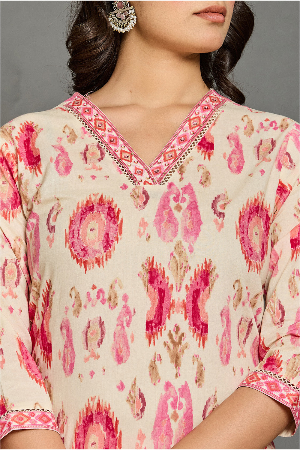 Cream & Pink Cotton Printed Straight Suit