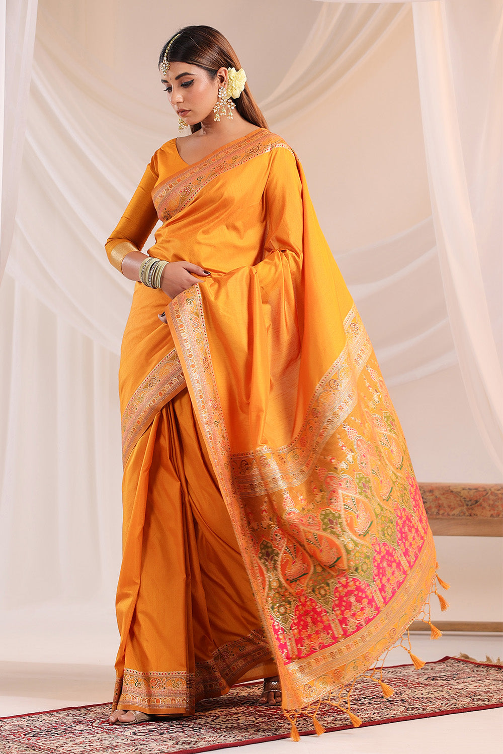 Mustard Soft Silk Kalamkari Woven Saree