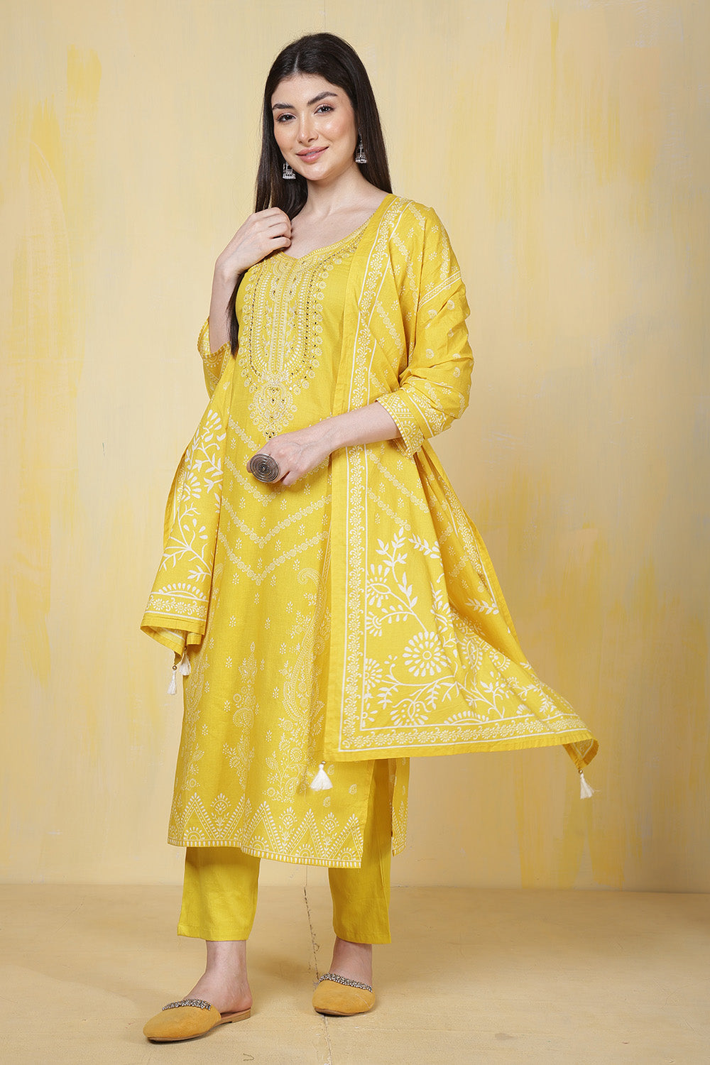 Mustard Cotton Printed & Neck Embroidered Suit