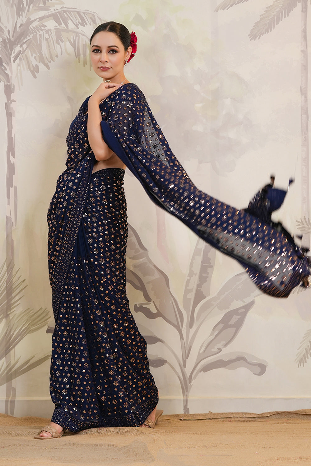 Navy Color Sequins Embroidered Georgette Saree