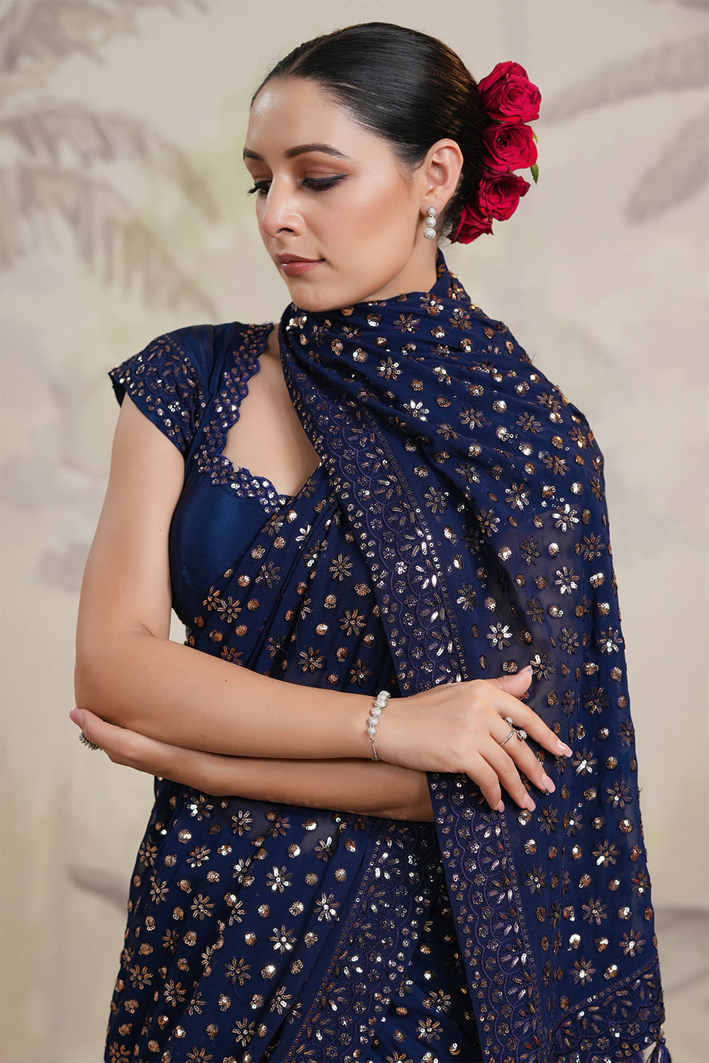 Navy Color Sequins Embroidered Georgette Saree
