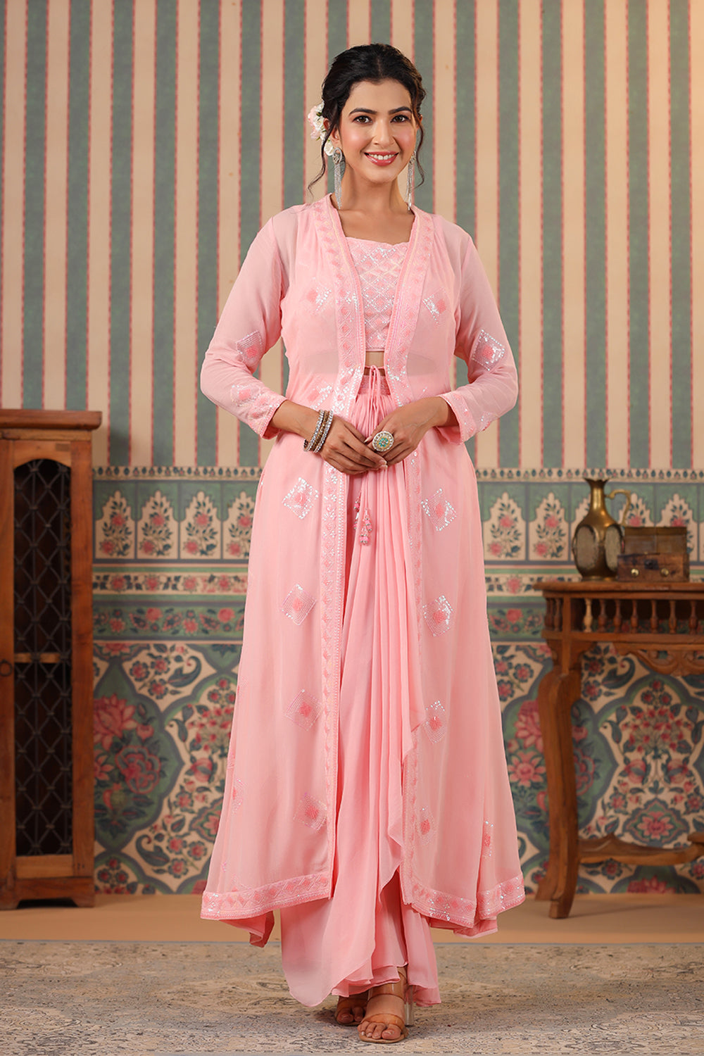 Pink Color Georgette Embroidered Crop-Top With Shrug Skirt