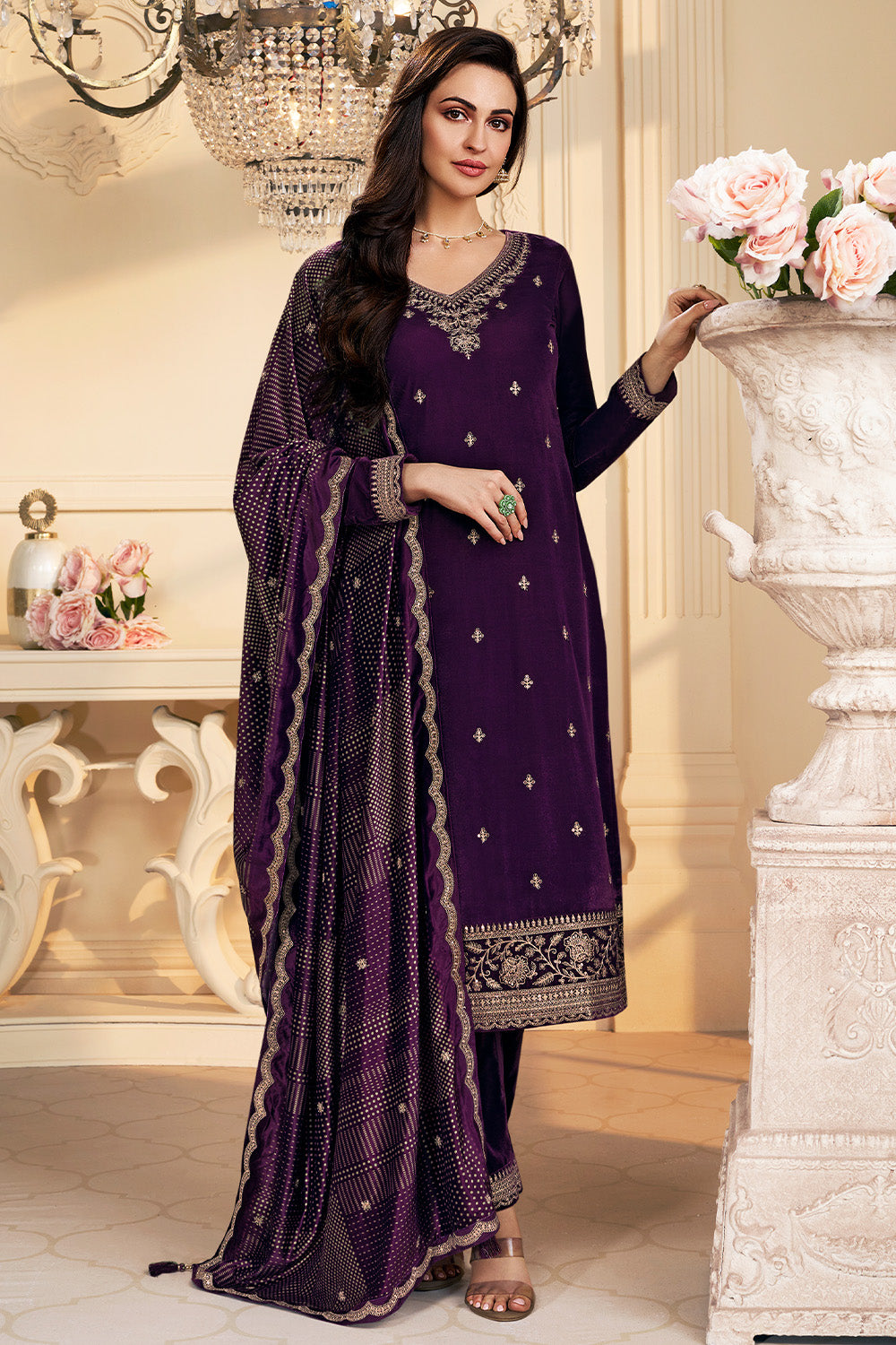 Purple Velvet Zari and Sequins Embroidered Unstitched Suit Fabric