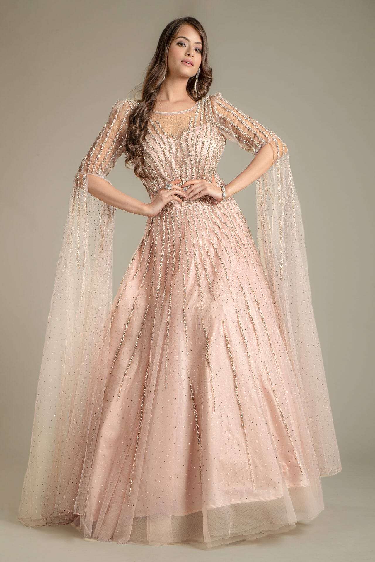 Baby Pink Flared Sleeves Net Gown - Main Image