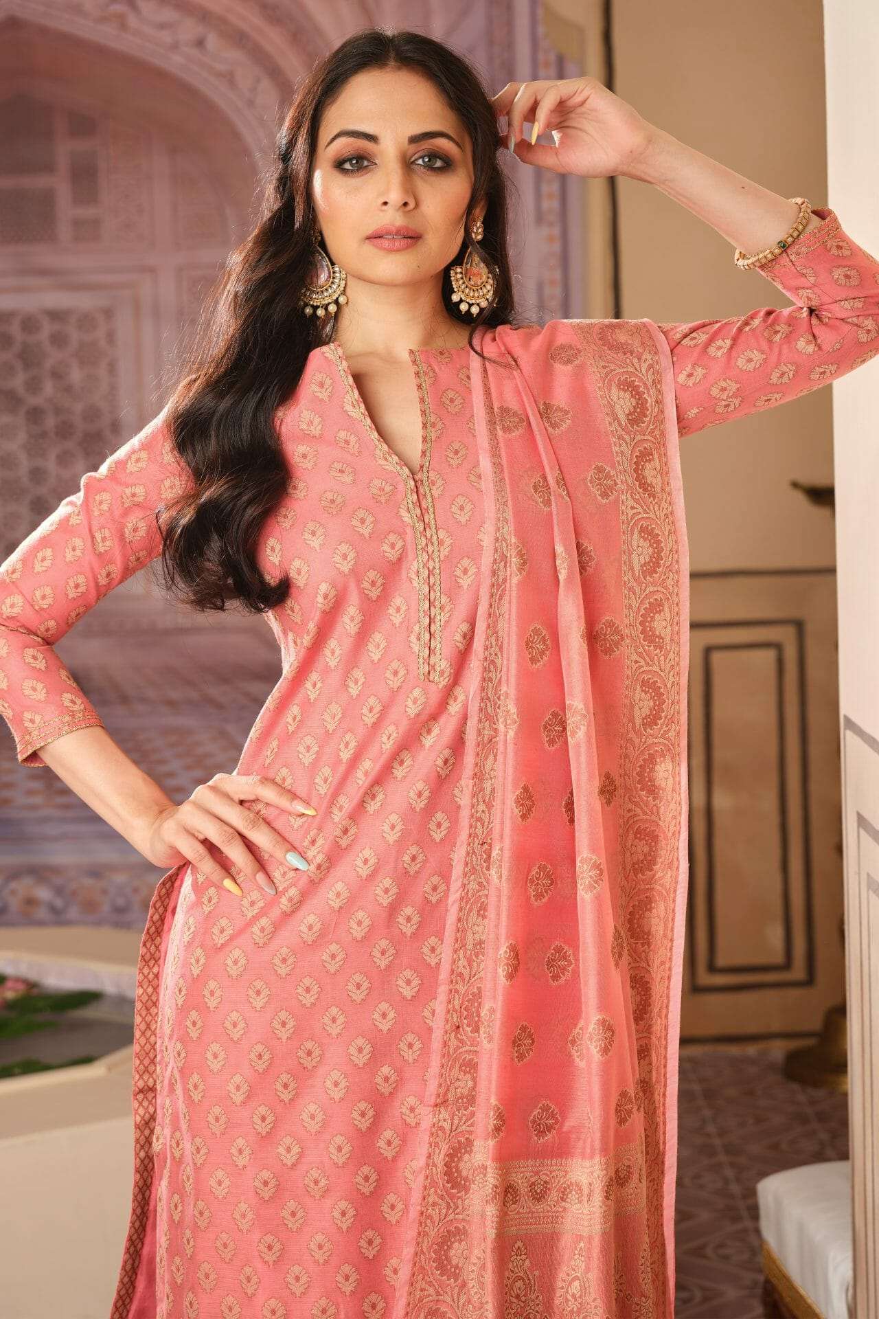Candy Pink Banarasi Cotton Suit Material.