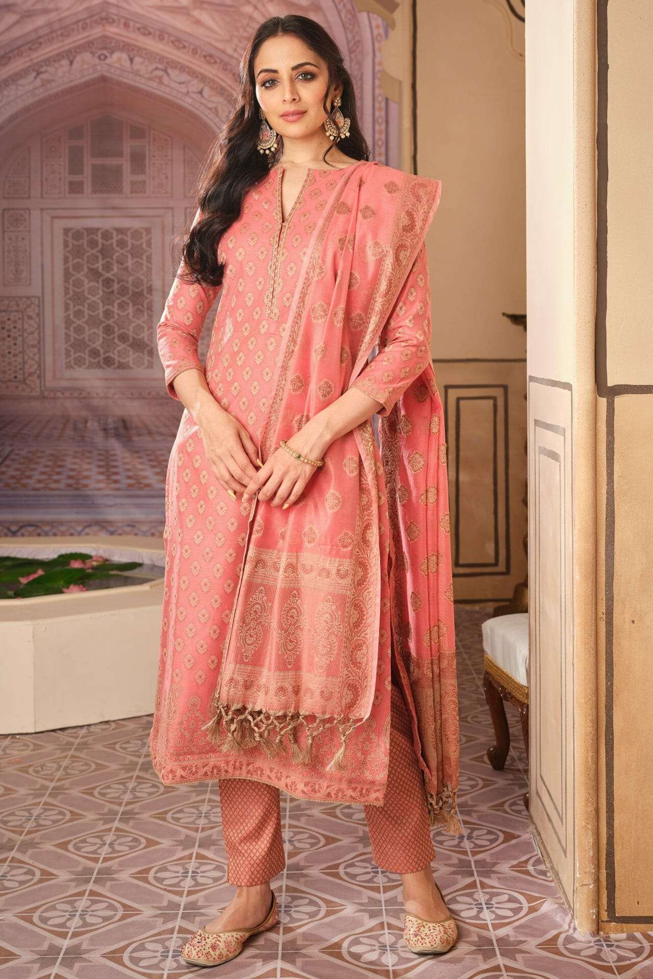Banarasi Brocade Salwar Suit Designs Candy Pink Banarasi Cotton Suit