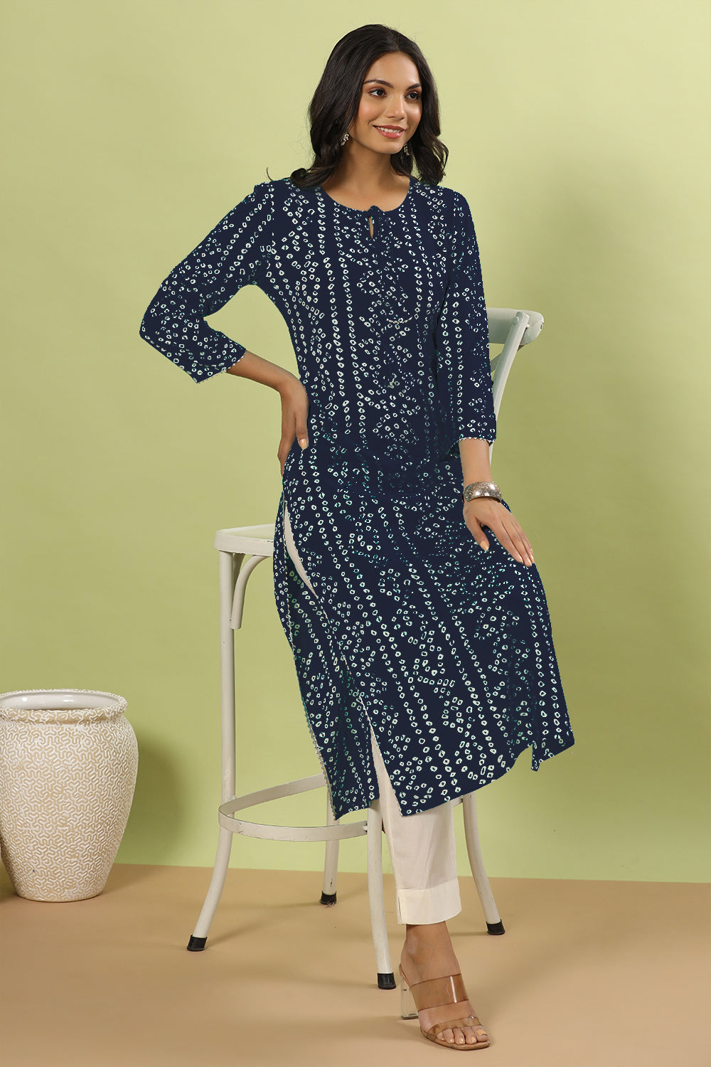 Navy Color Bandhani Print Cotton Kurti