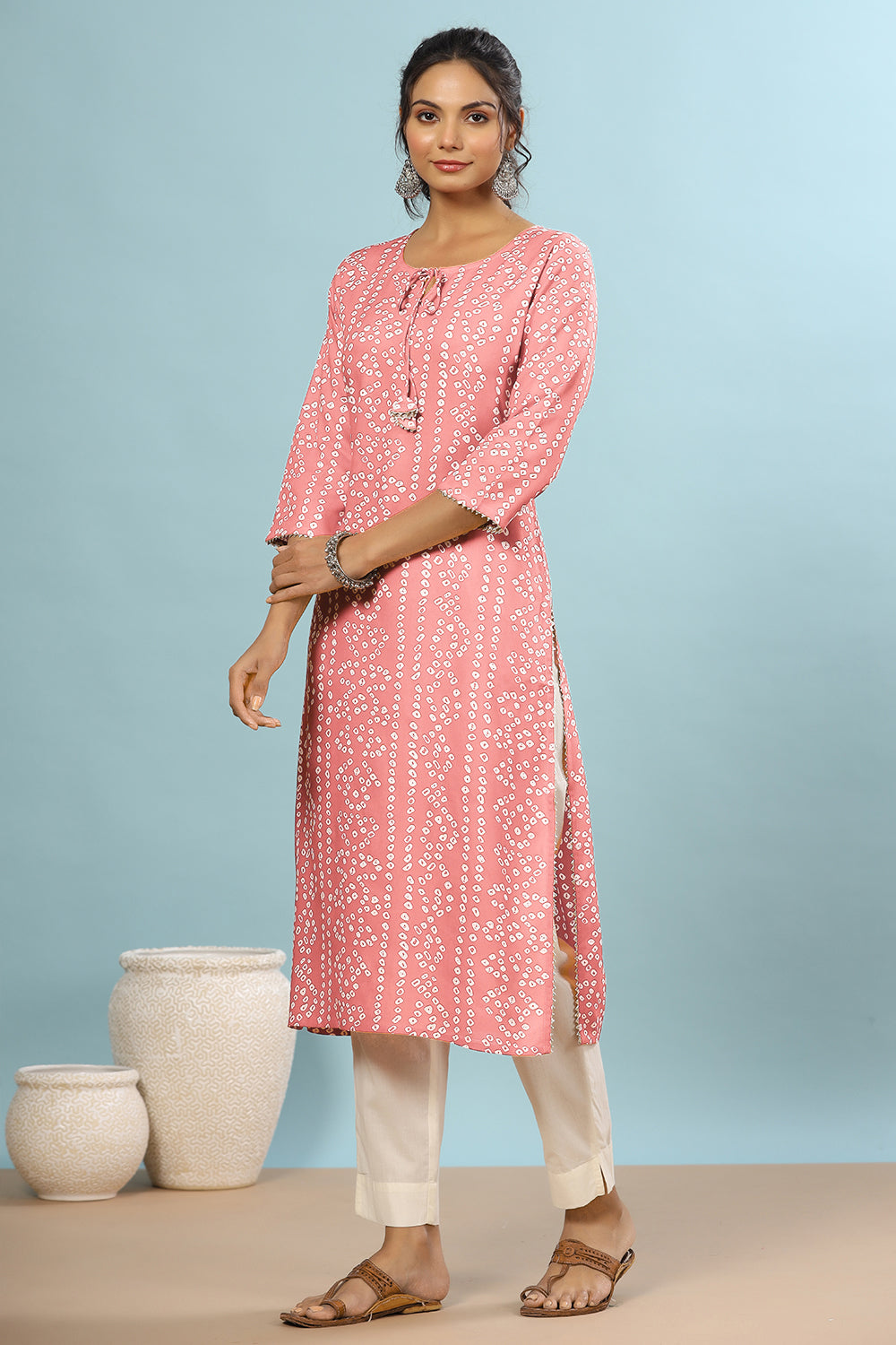 Pink Color Bandhani Print Cotton Kurti