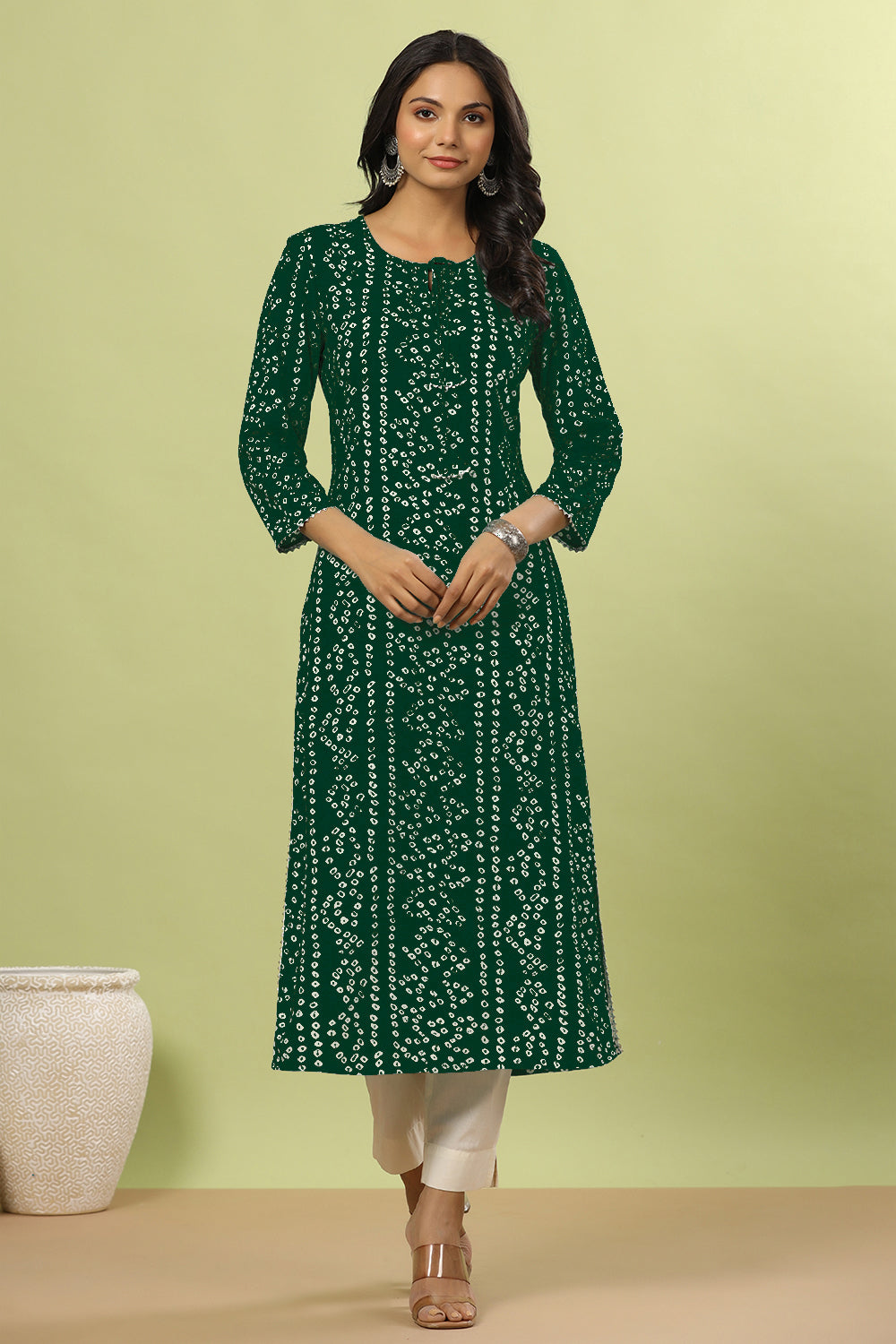 Bottle Green Color Bandhani Print Cotton Kurti