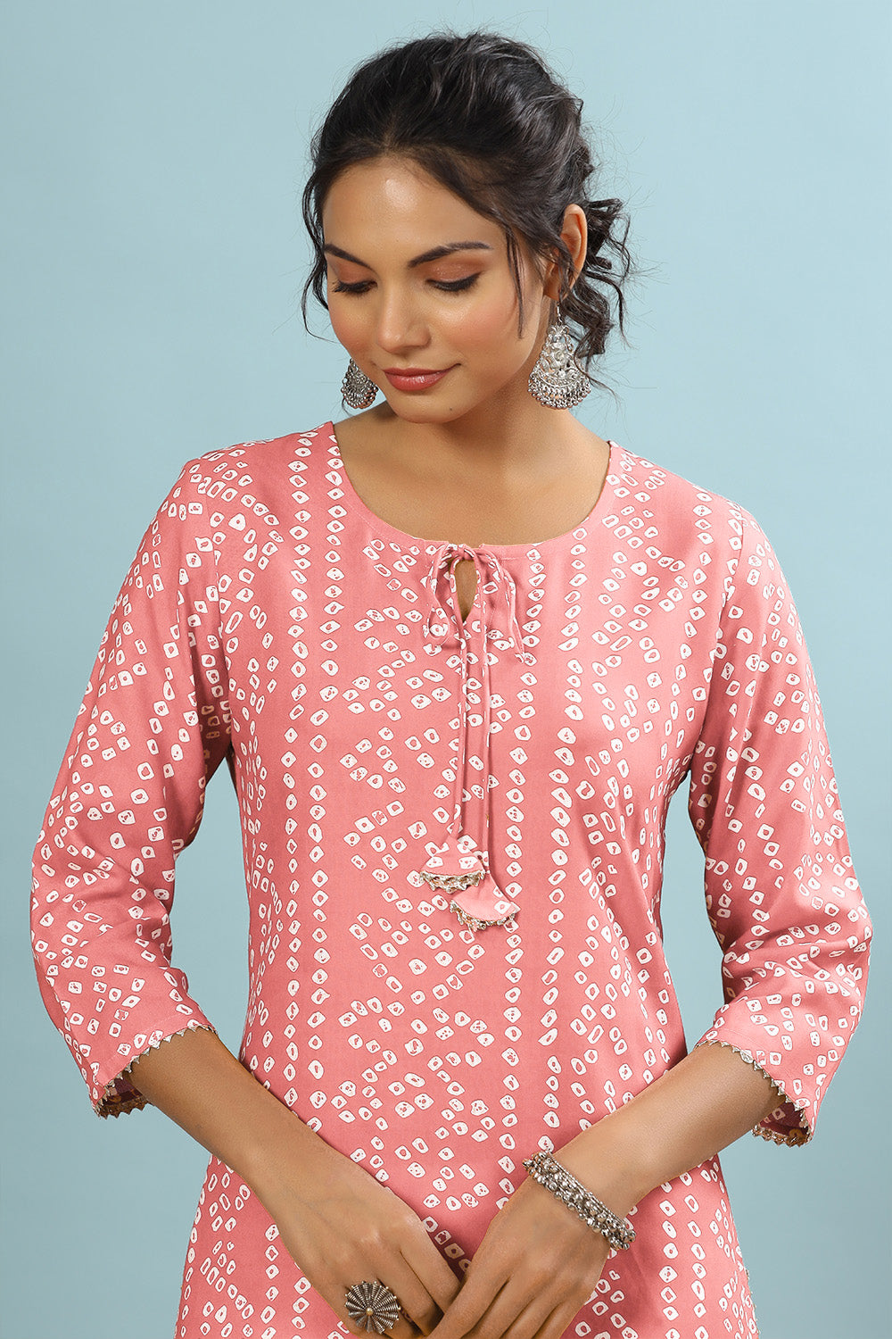 Pink Color Bandhani Print Cotton Kurti