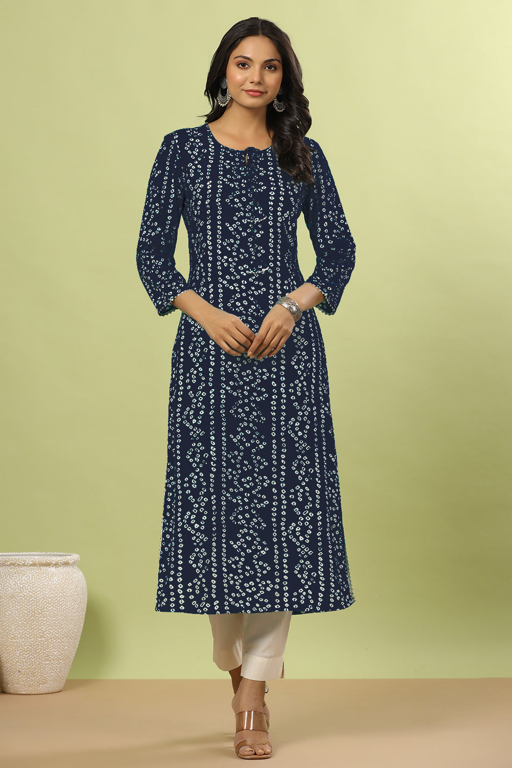 Navy Color Bandhani Print Cotton Kurti
