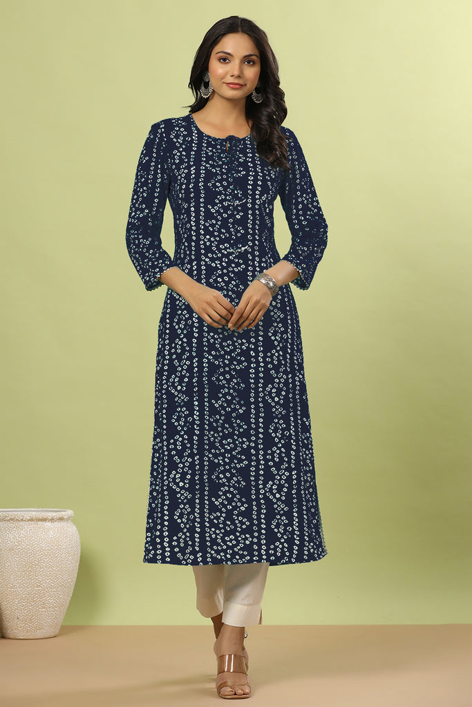 Navy Color Bandhani Print Cotton Kurti