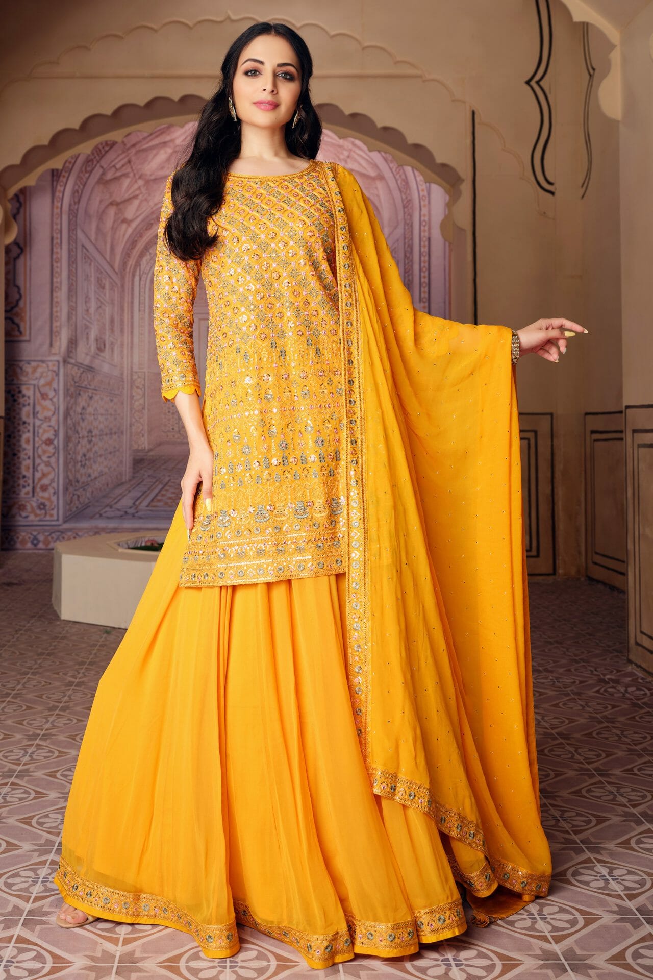 Mustard Colour Georgette Skirt Suit