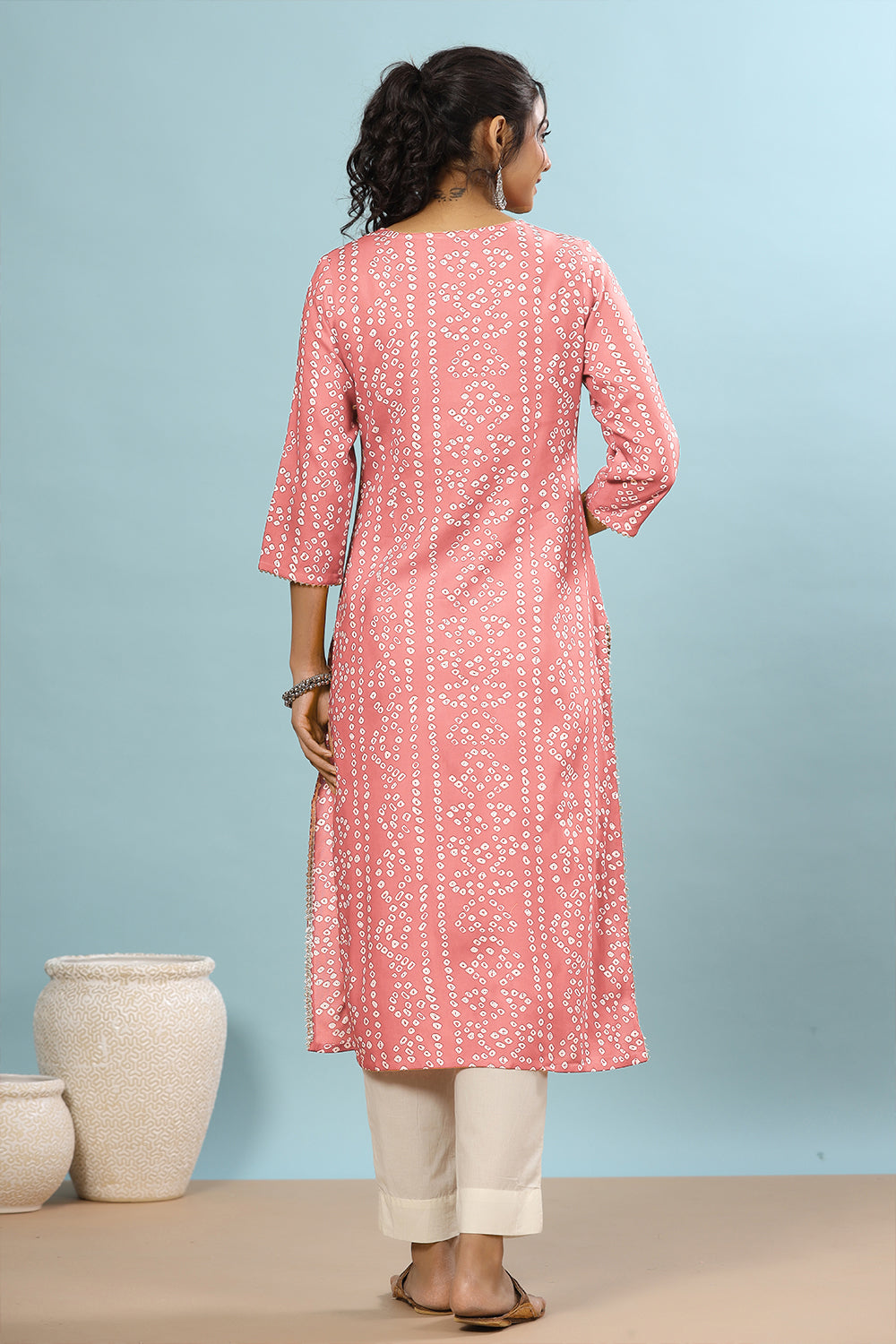 Pink Color Bandhani Print Cotton Kurti