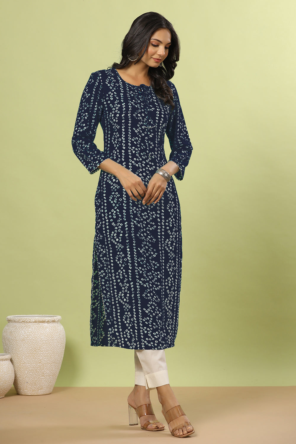 Navy Color Bandhani Print Cotton Kurti