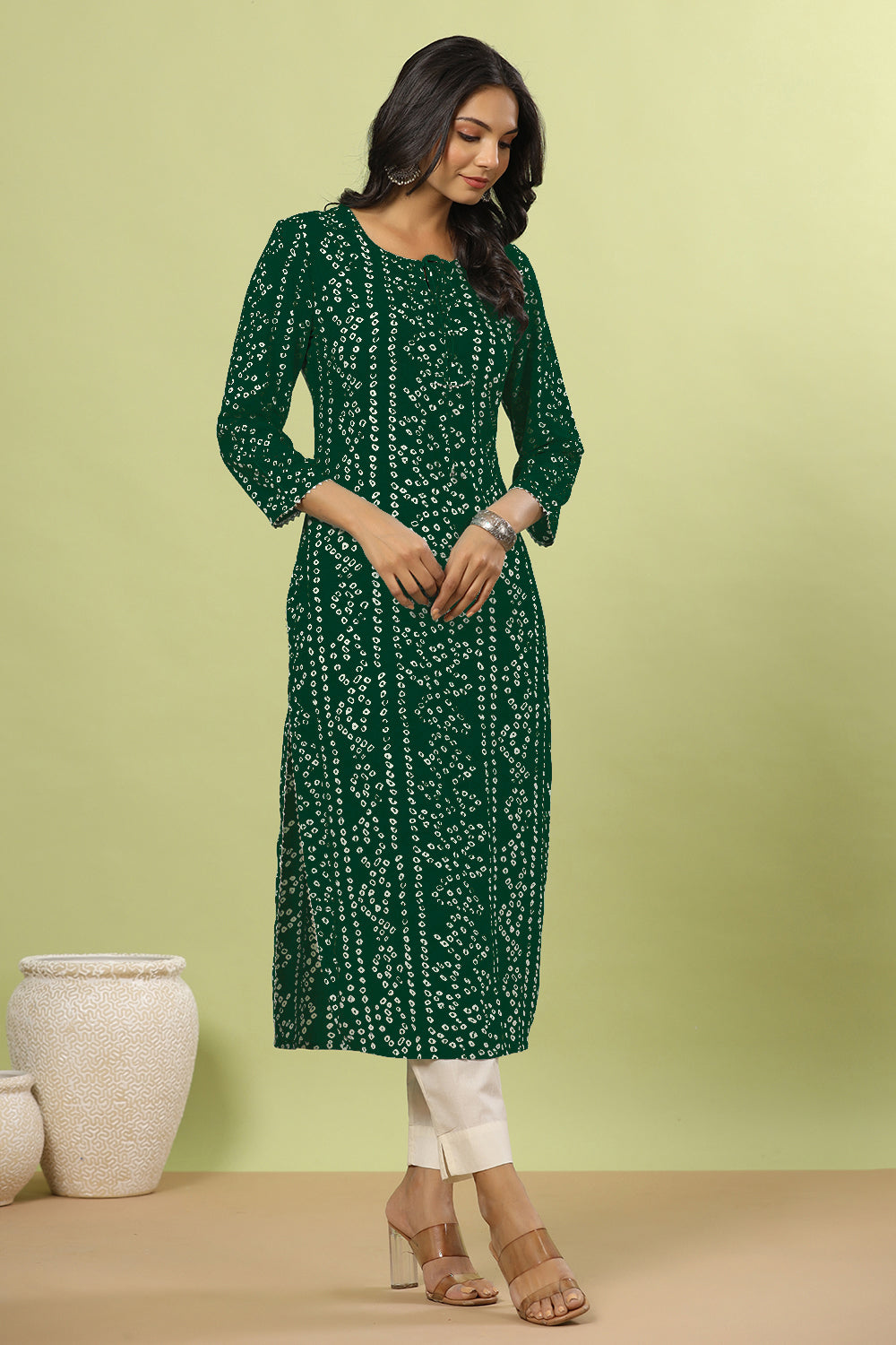 Bottle Green Color Bandhani Print Cotton Kurti