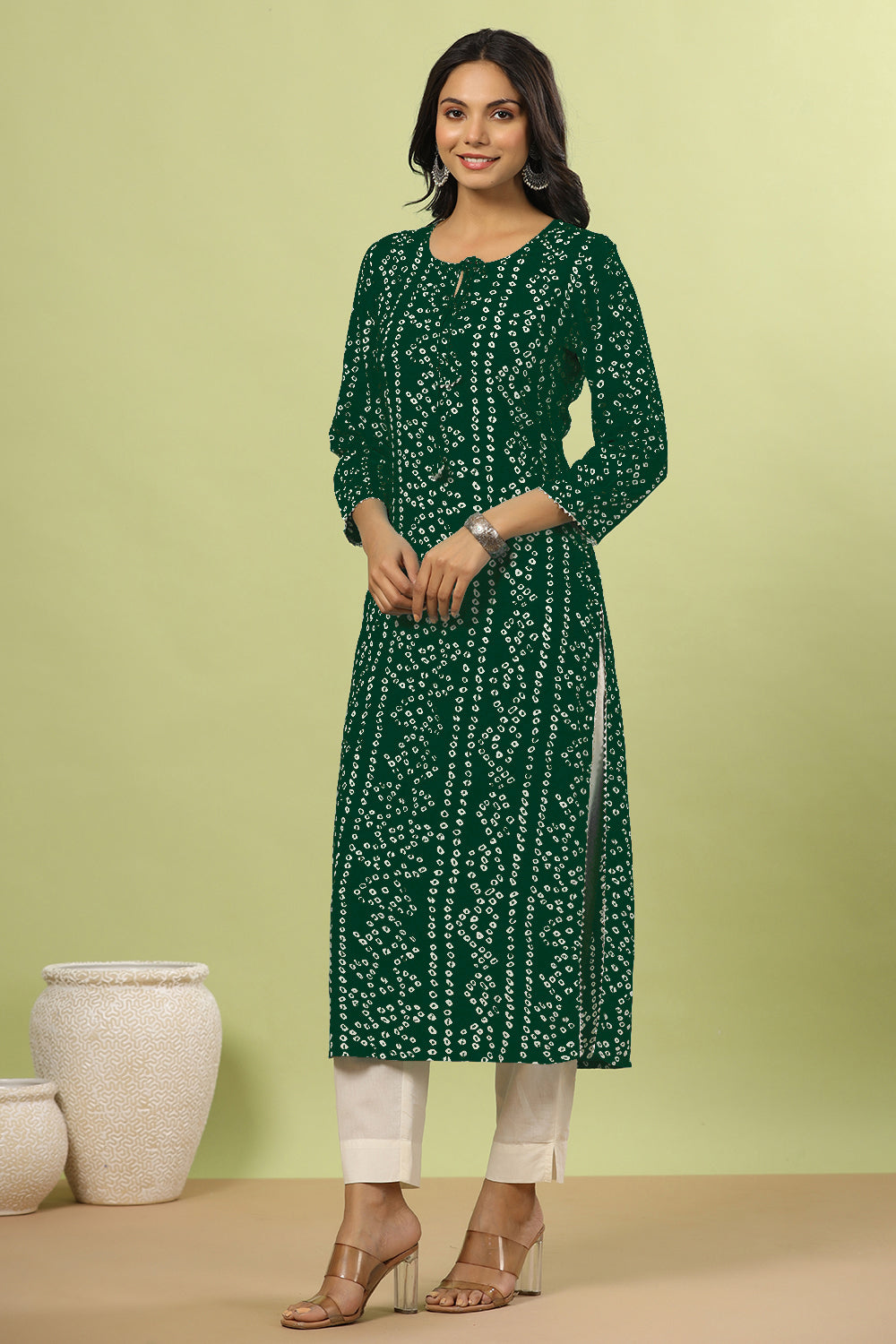 Bottle Green Color Bandhani Print Cotton Kurti