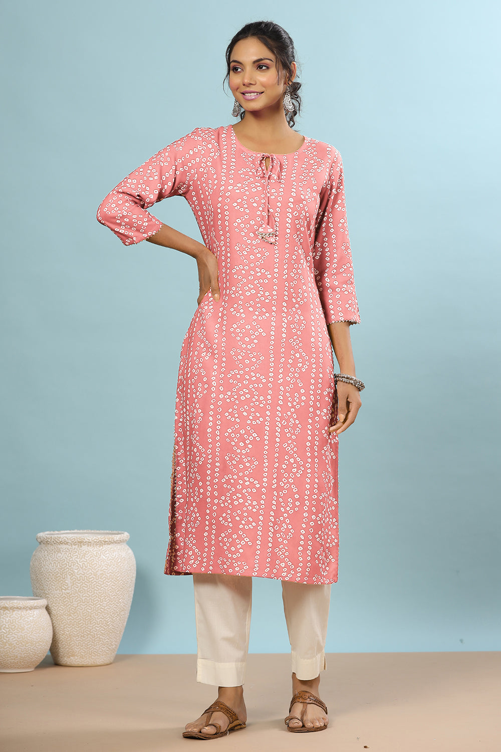 Pink Color Bandhani Print Cotton Kurti