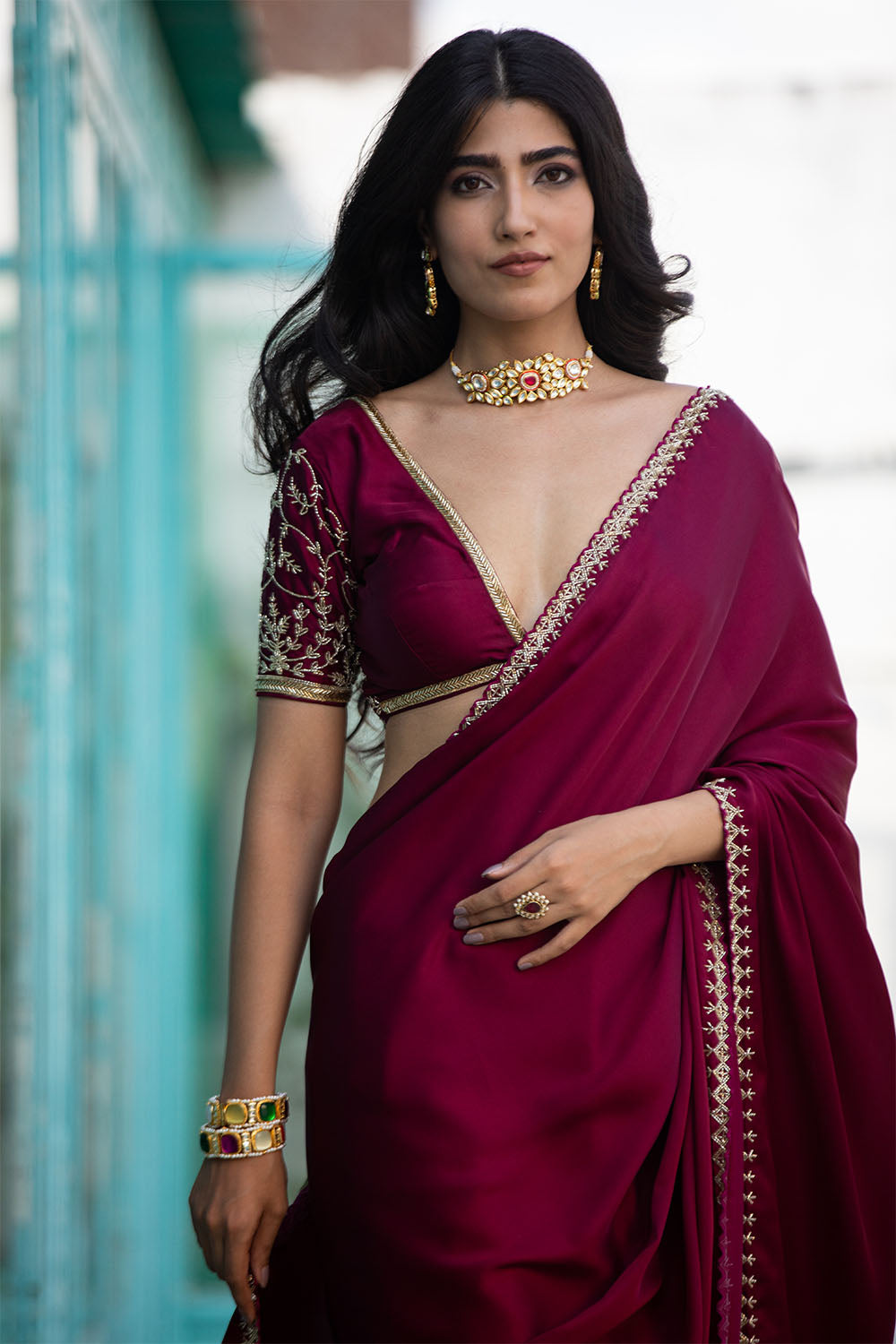Dark Scarlet Colour Satin Saree