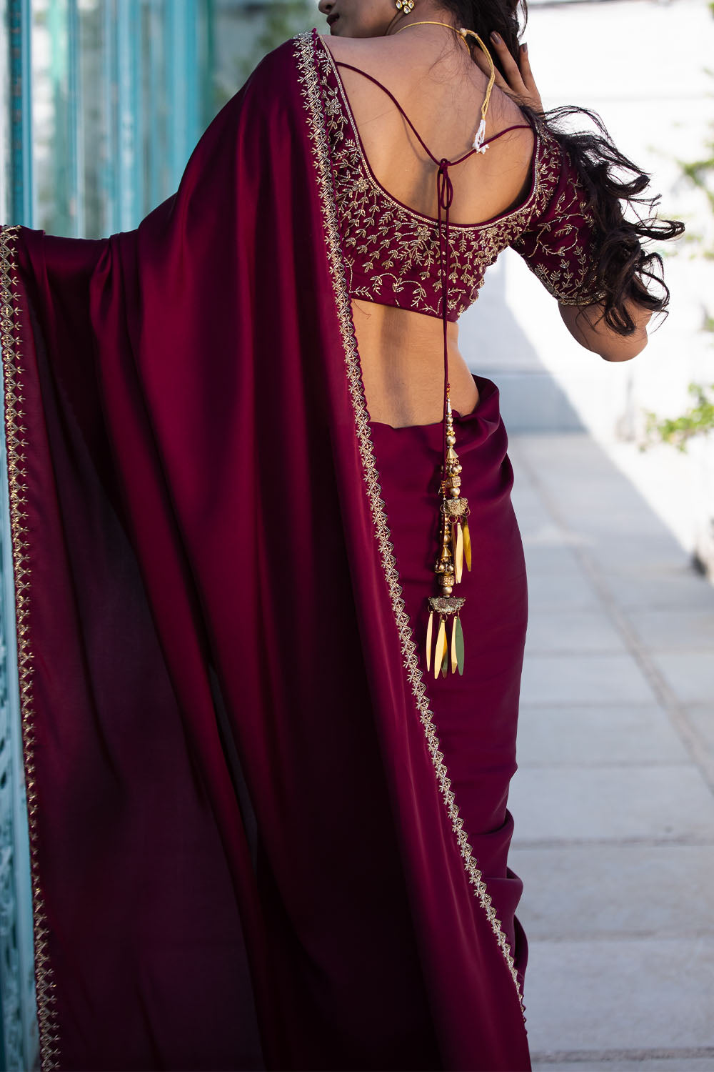 Dark Scarlet Colour Satin Saree