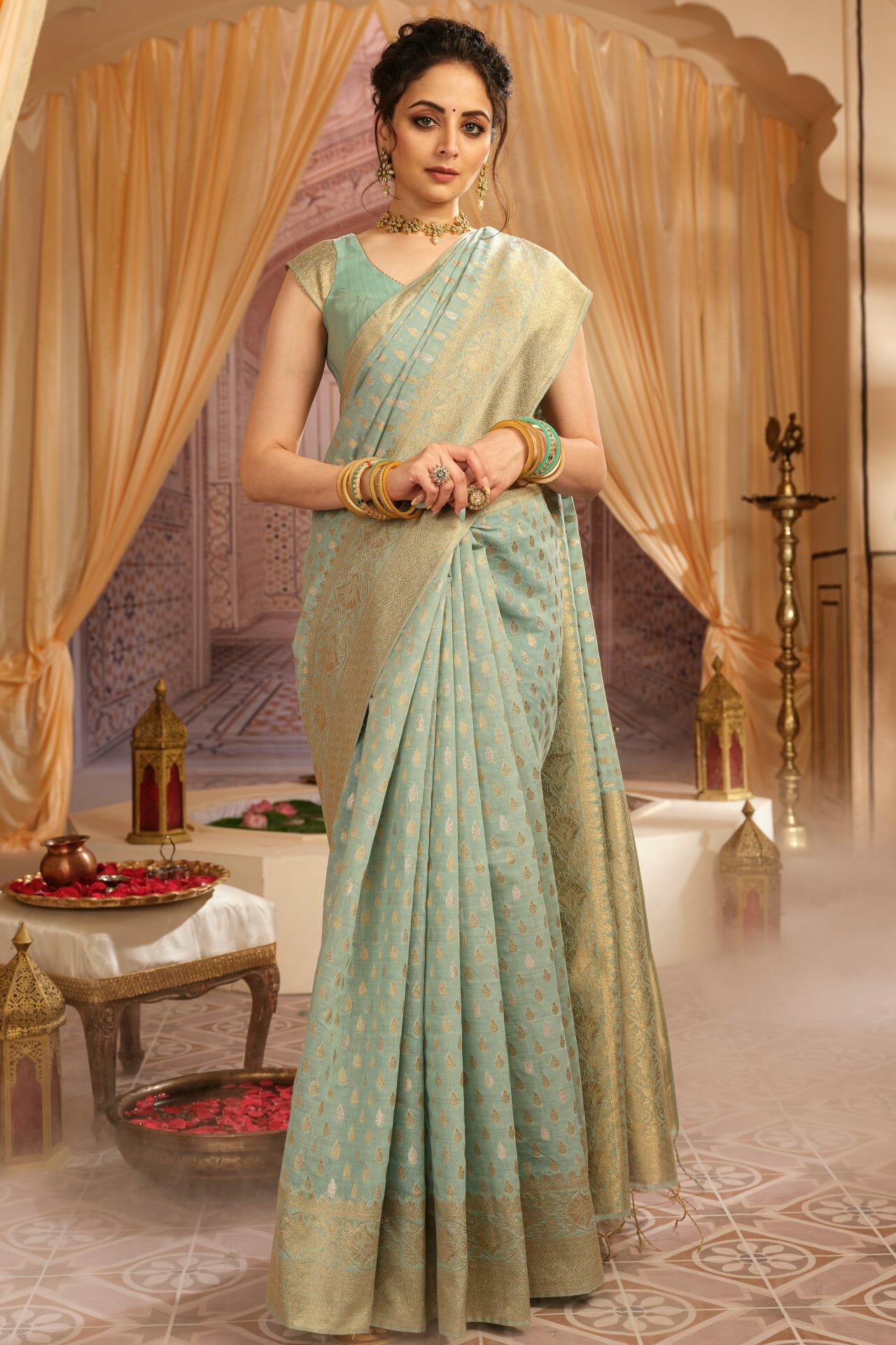 Turquoise Color Chanderi Silk Saree.