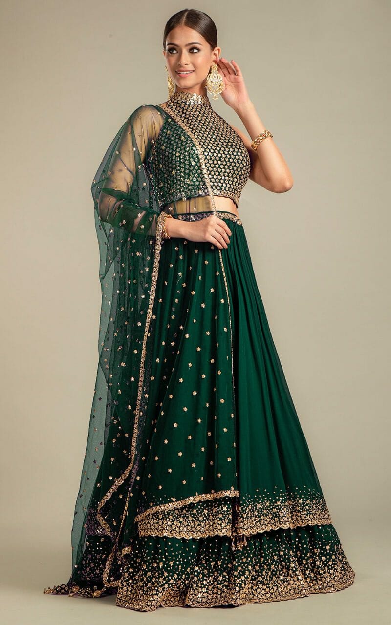 Bottle Green Colour Georgette Lehenga.