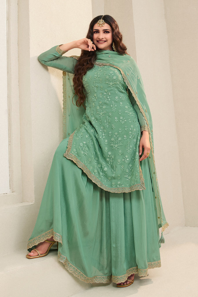 Mint Green Color Embroidered Organza Unstitched Suit Fabric