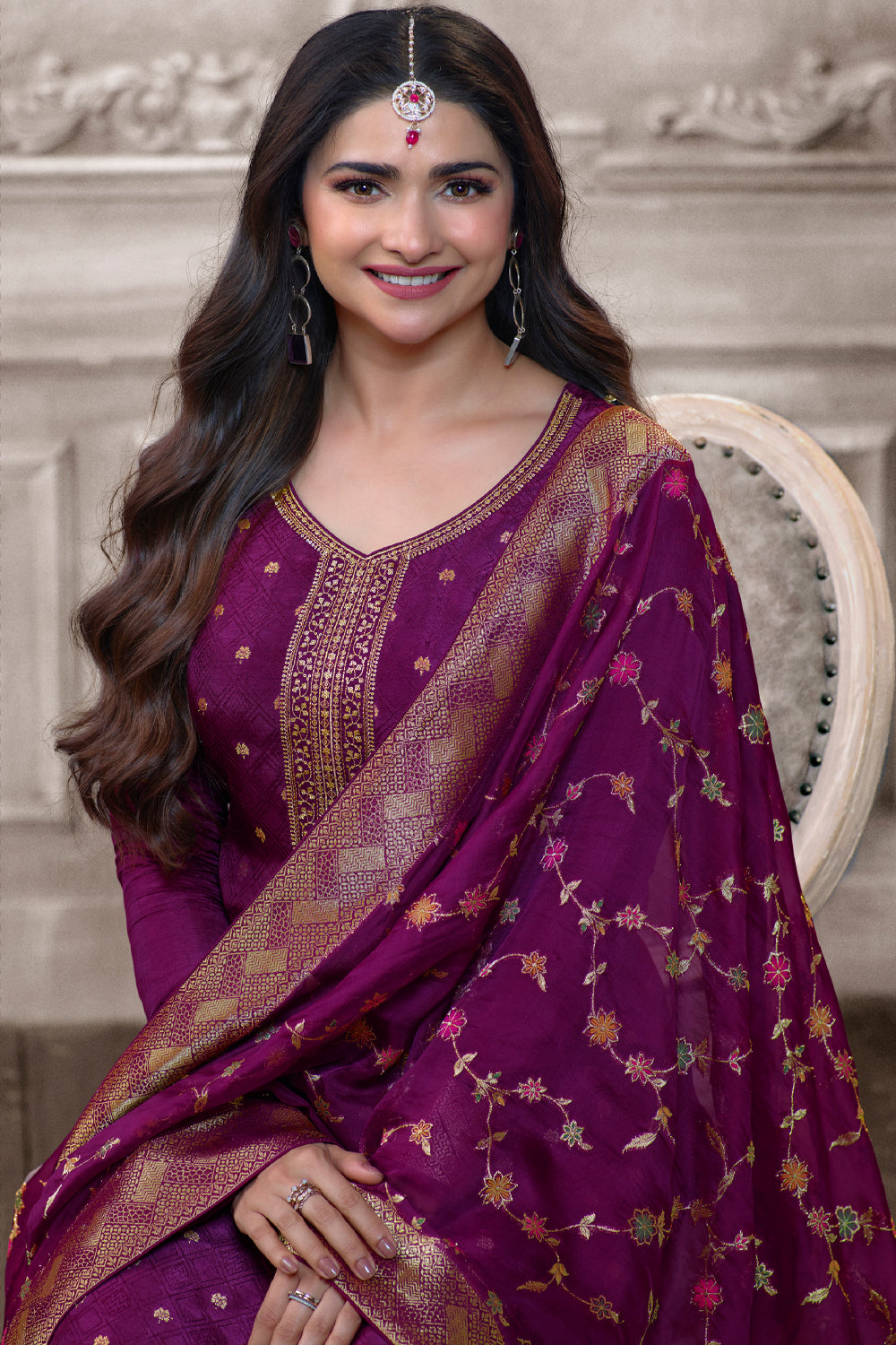 Dark Scarlet Color Silk Woven Unstitched Suit Material.