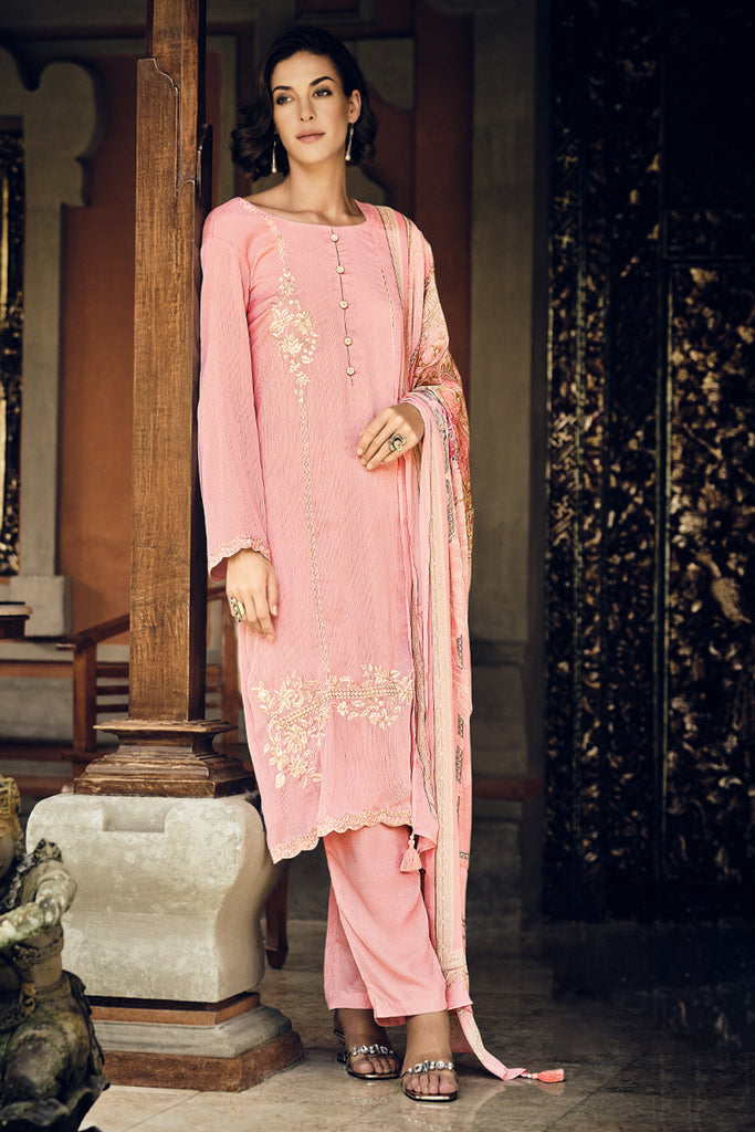 Pink Color Embroidered Georgette Unstitched Suit Material