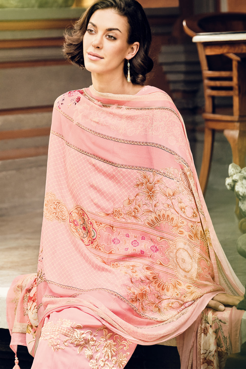 Pink Color Embroidered Georgette Unstitched Suit Material