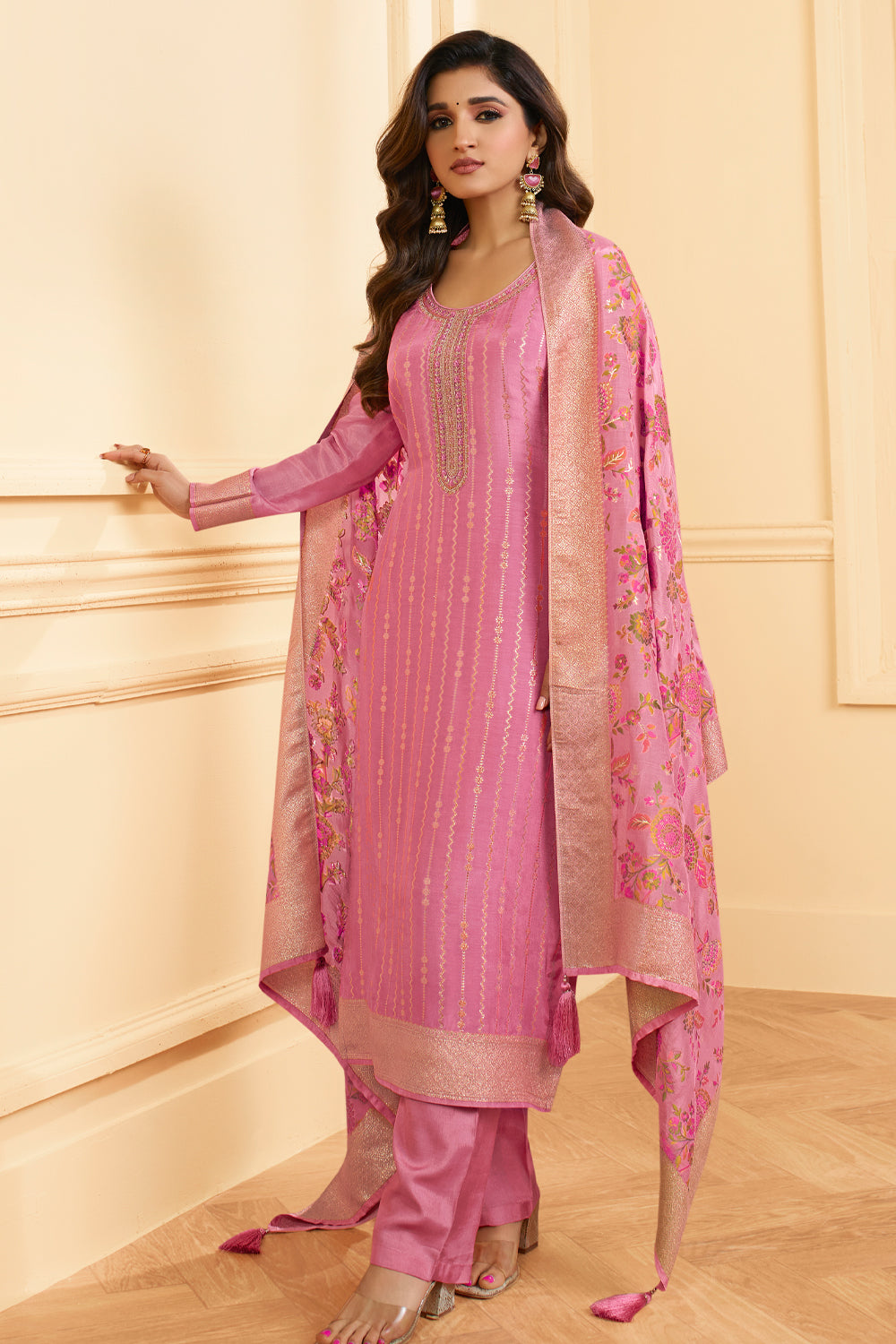 Pink Color Silk Woven Unstitched Suit Material