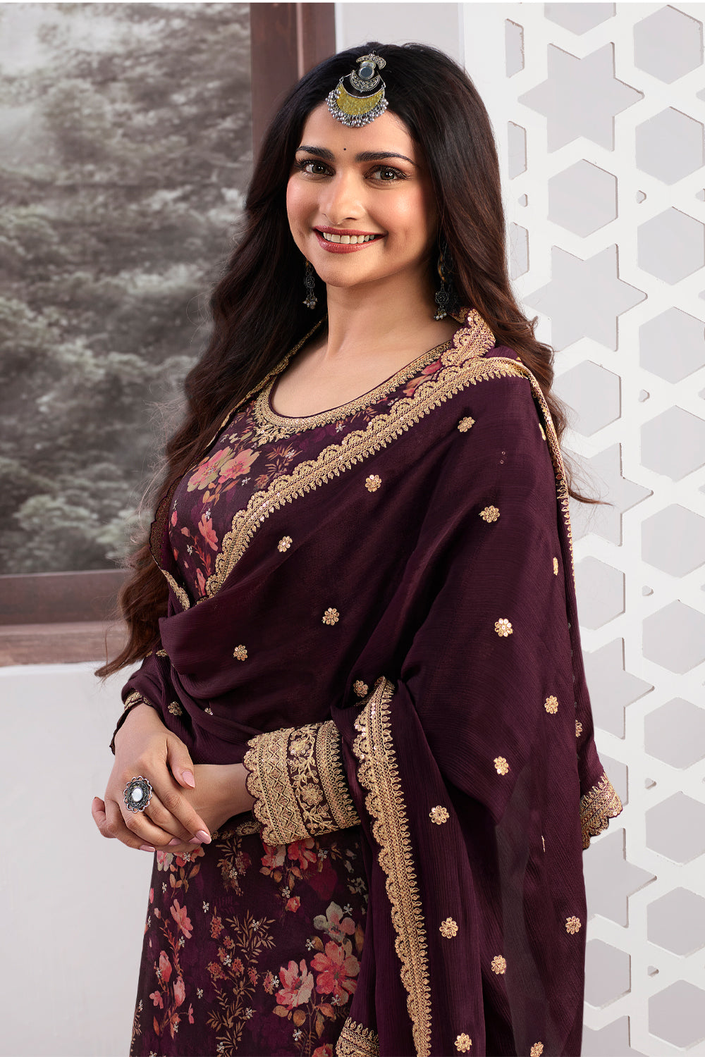 Wine Color Printed Organza Unstitched Suit Material With Stitched Sharara