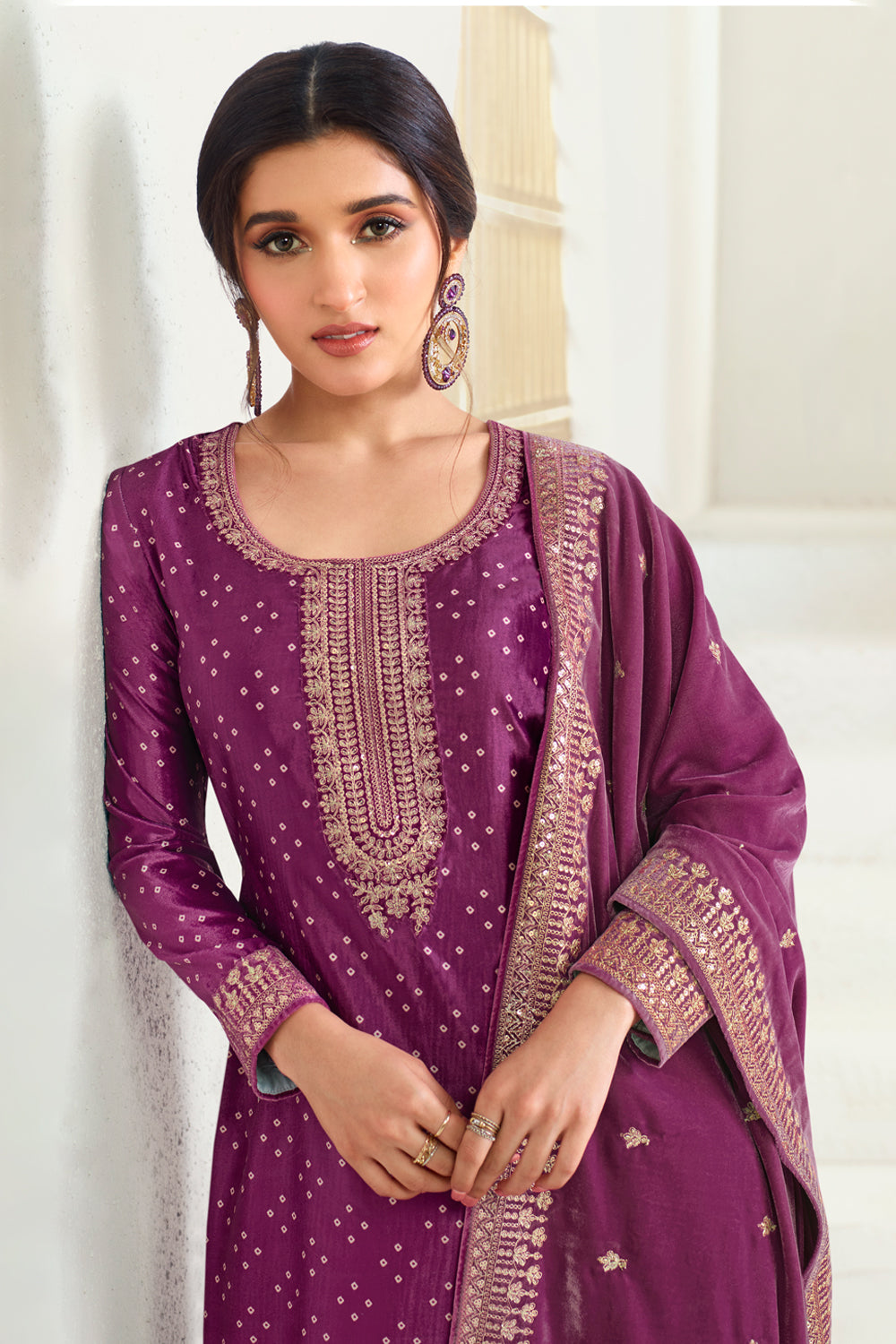 Purple Color Velvet Embroidered Unstitched Suit Material