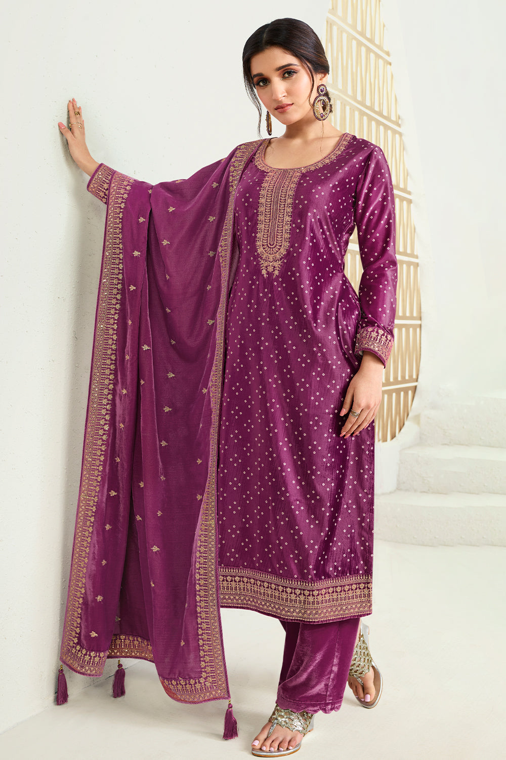 Purple Color Velvet Embroidered Unstitched Suit Material