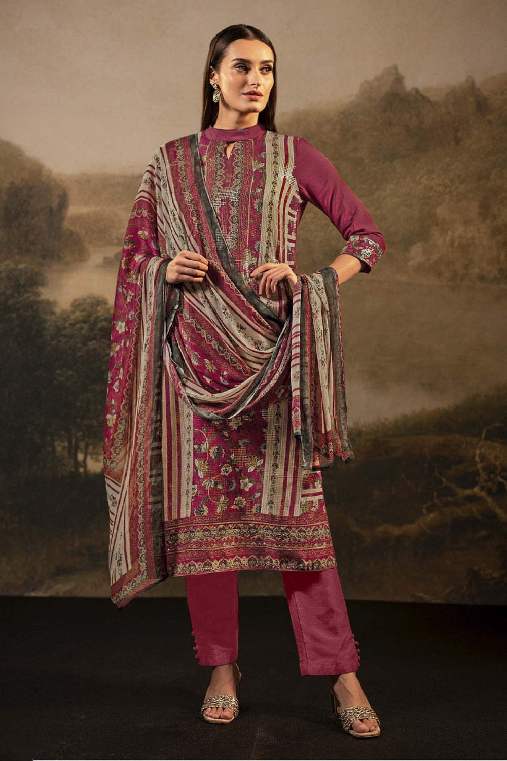 Rust Color Silk Embroidered Unstitched Suit Fabric