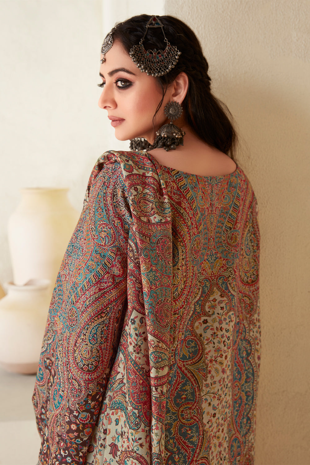 Brown Color Pashmina Woven Unstitched Suit Material
