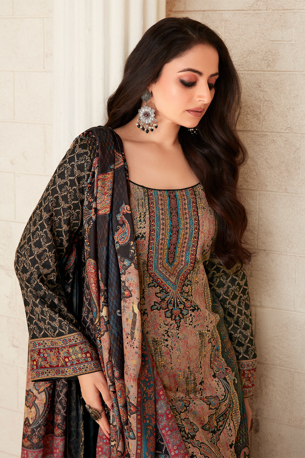 Black Colour Pashmina Woven Unstitched Suit Material