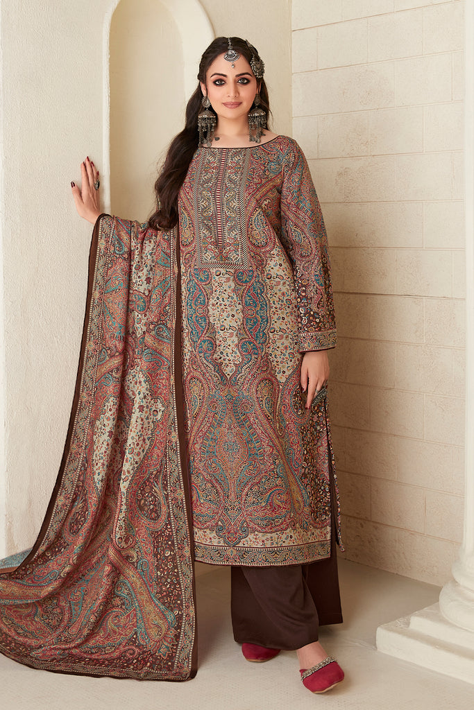 Brown Color Pashmina Woven Unstitched Suit Material