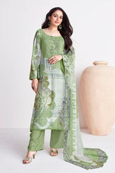 Green Color Printed Cotton Unstitched Suit Material