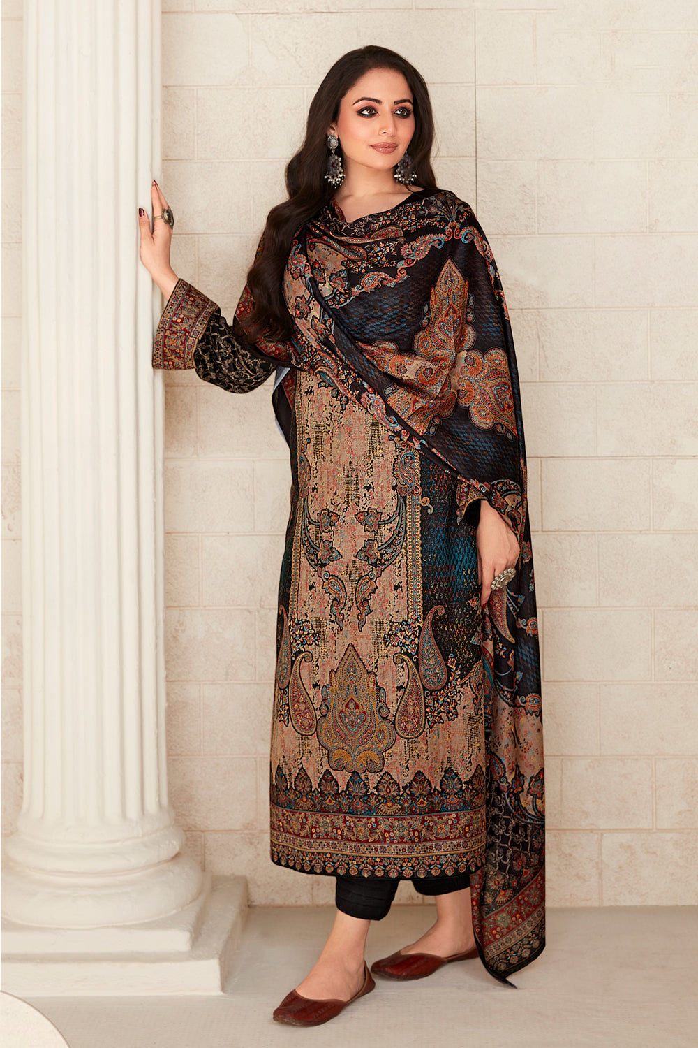 Black Colour Pashmina Woven Unstitched Suit Material