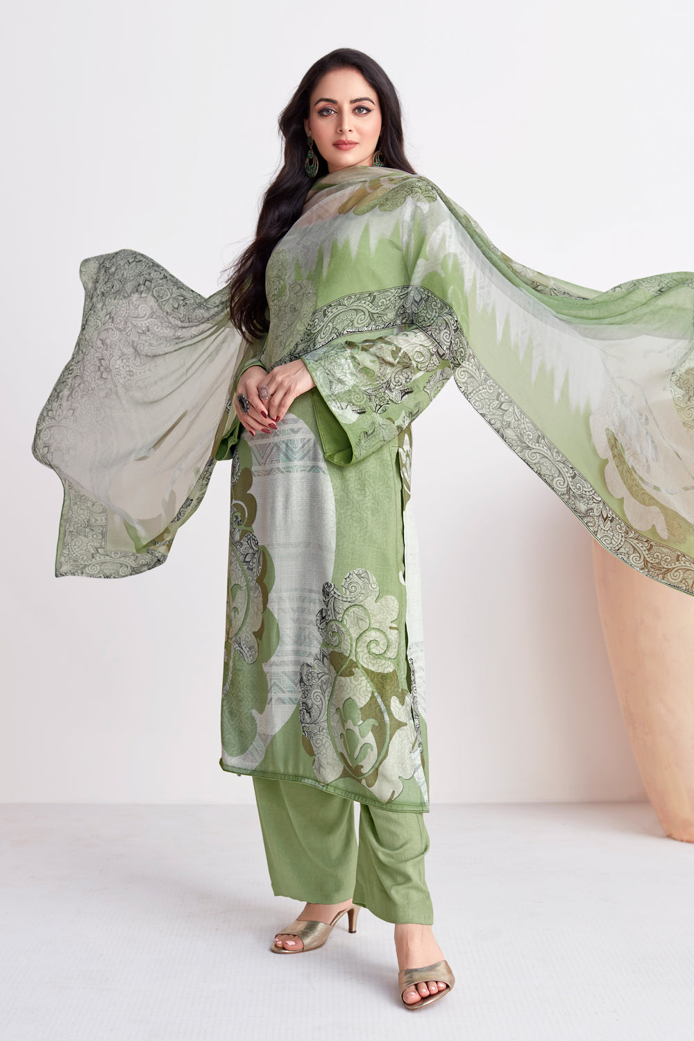 Green Color Printed Cotton Unstitched Suit Material