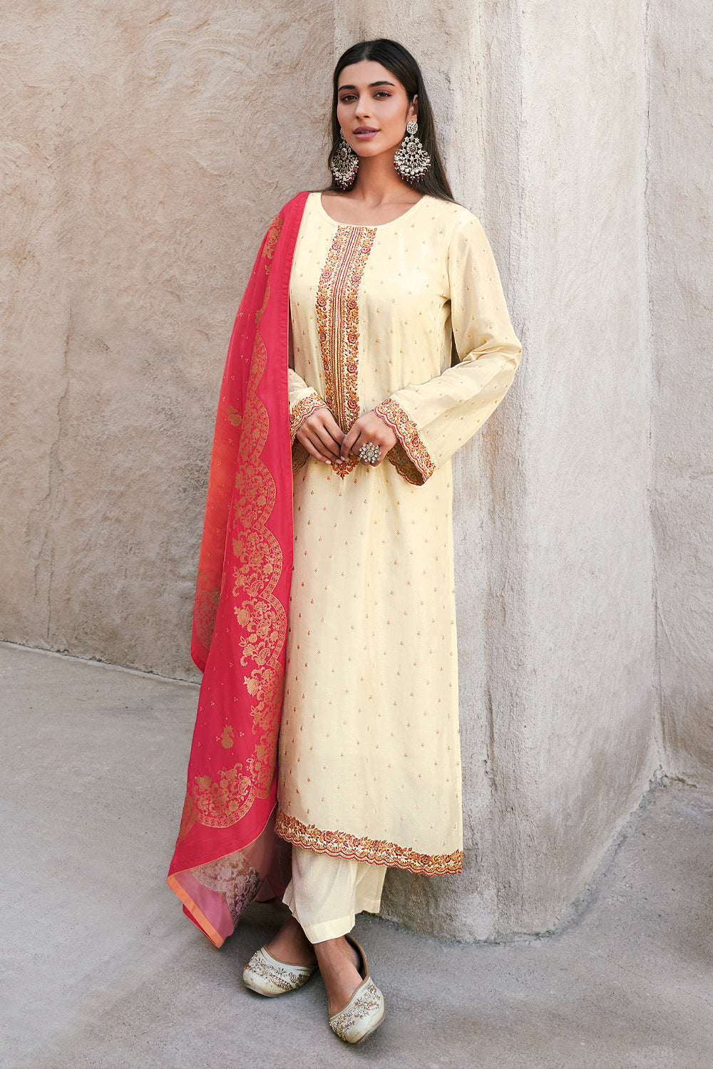 Cream Color Silk Embroidered Unstitched Suit Material.